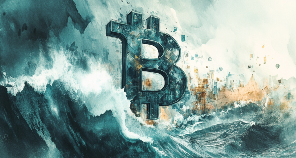 Artistic representation of Bitcoin amidst turbulent ocean waves and a distant city skyline, symbolizing the dynamic relationship between cryptocurrency markets and macroeconomic factors like inflation and interest rates - The Coinomist