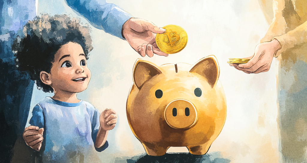 Joyful child watching as parents deposit golden Bitcoin coins into a piggy bank, symbolizing the growing trend of using cryptocurrencies for children's future savings and financial education - The Coinomist