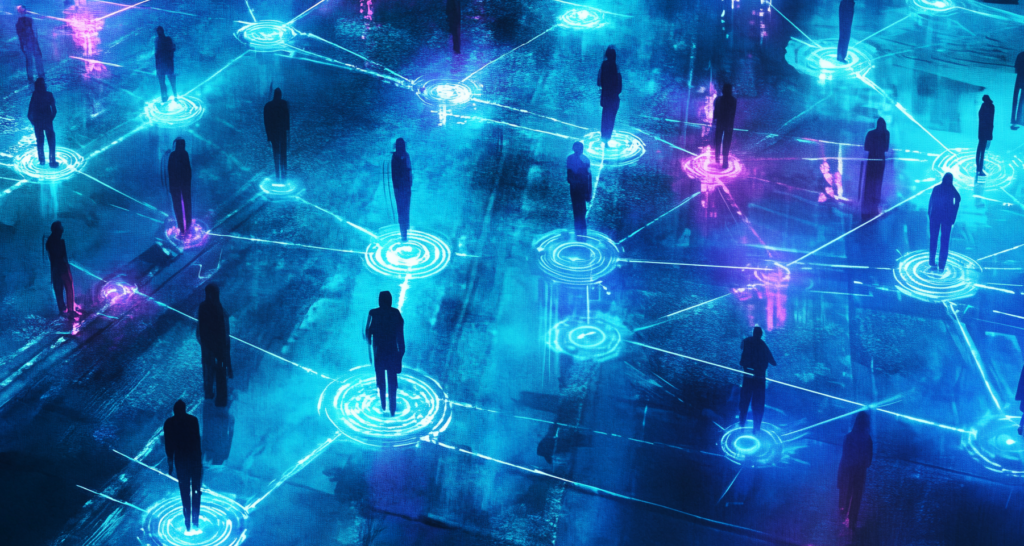 Decentralized network (blockchain), in which instead of nodes there are figures of people - The Coinomist