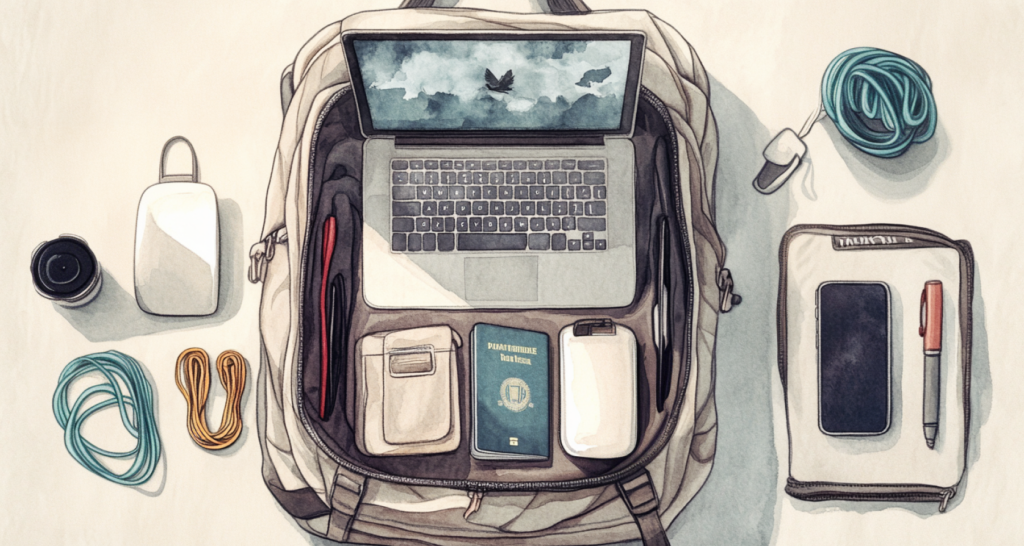 Watercolor-style illustration of a neatly packed travel bag featuring a laptop, passport, smartphone, chargers, and essential tech gear, symbolizing the digital nomad lifestyle and remote work freedom - The Coinomist