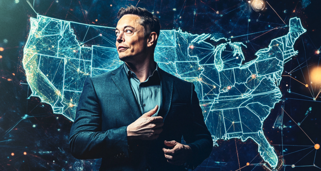 Elon Musk standing confidently against a glowing digital map of the United States, symbolizing technological advancements and blockchain advocacy - The Coinomist