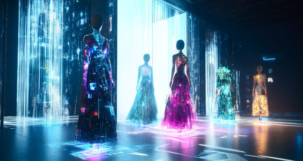 Futuristic fashion runway featuring glowing, holographic dresses in vibrant digital patterns, representing the fusion of technology, cryptocurrency, and innovation in the fashion industry - The Coinomist