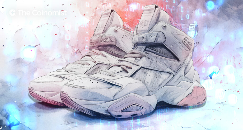 sneakers on blockchain background - The Coinomist
