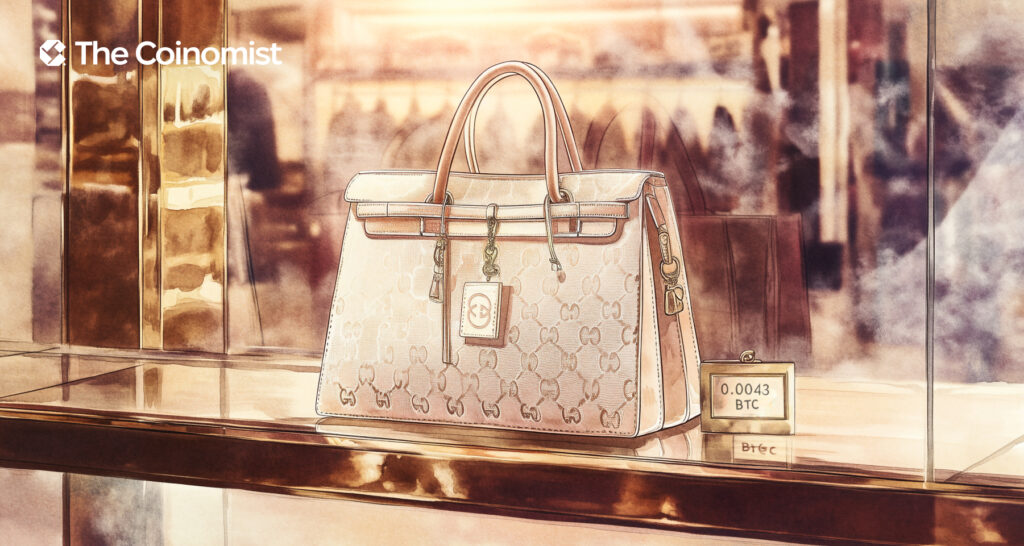 A Gucci handbag in a fashion boutique window with a Bitcoin sign on the price tag next to it - The Coinomist