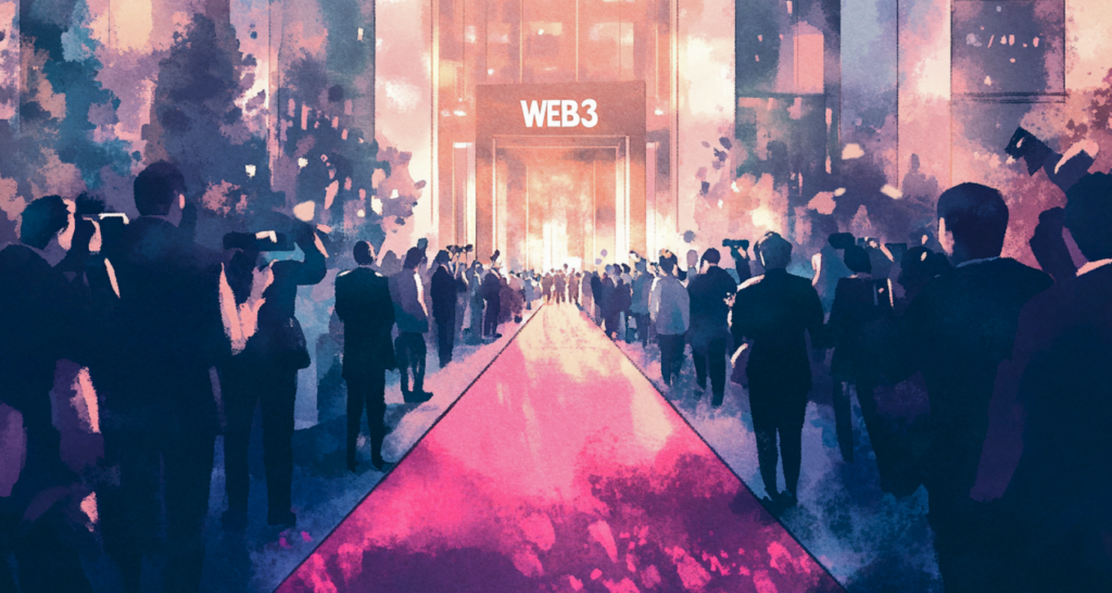 Vibrant scene depicting a red carpet event at a Web3 venue, surrounded by photographers and a crowd of onlookers, symbolizing the growing intersection of technology, blockchain, and celebrity culture - The Coinomist