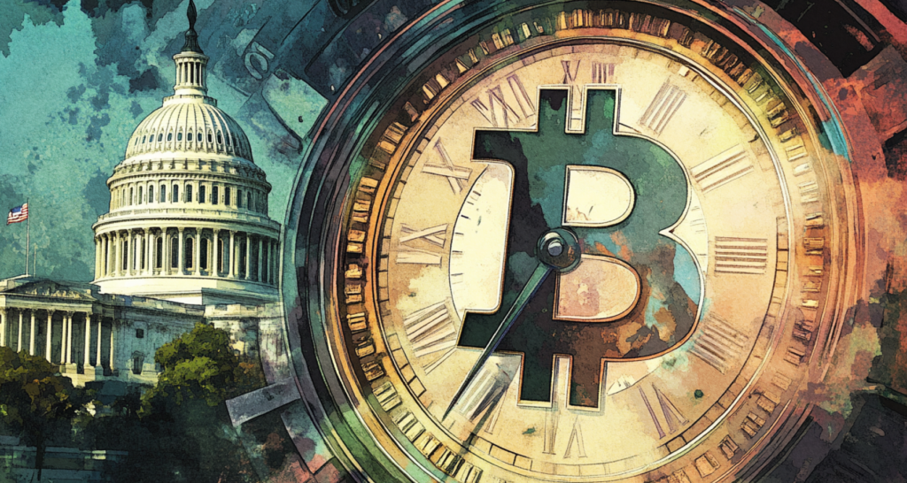 A symbolic Bitcoin clock with the US Capitol in the background, representing Bitcoin's historical cycle and market timing - The Coinomist