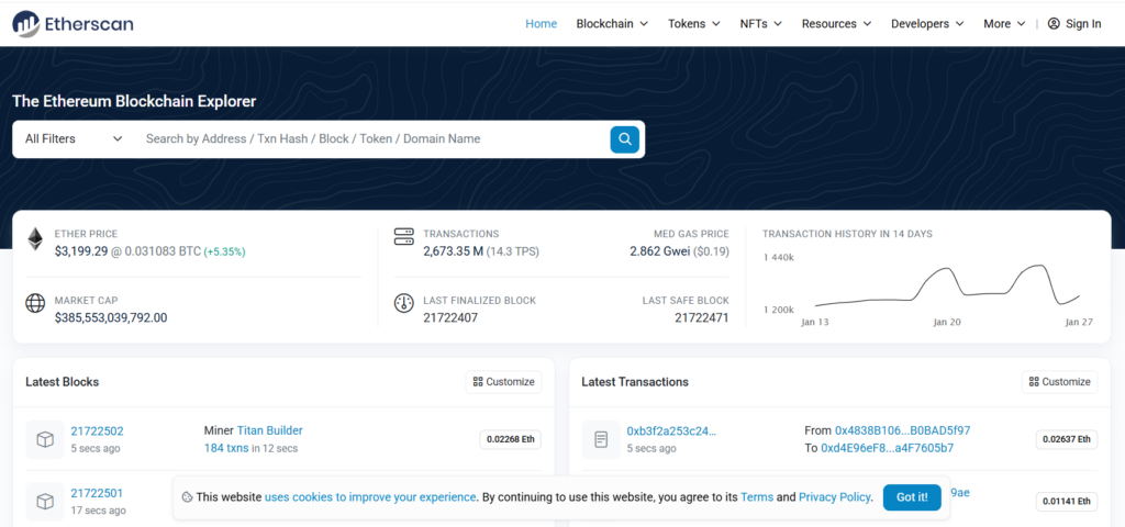 Etherscan – Ethereum blockchain explorer homepage. Source: https://etherscan.io/
- The Coinomist