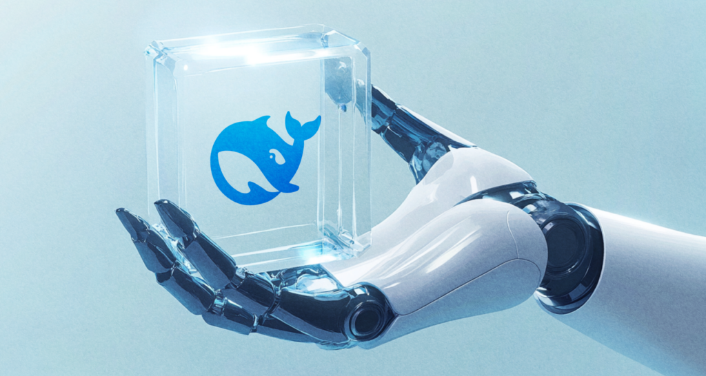 Futuristic robotic hand holding a transparent cube featuring a blue whale logo, symbolizing advanced technology and innovation in the cryptocurrency market - The Coinomist