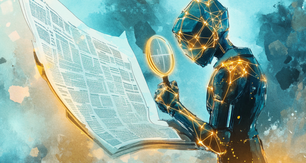 Digital figure illuminated by glowing blockchain nodes holding a magnifying glass, examining a newspaper, symbolizing blockchain's role in combating disinformation and enhancing media transparency - The Coinomist