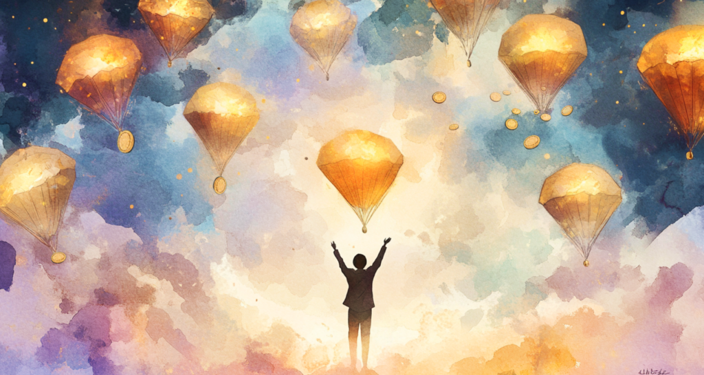 A parachute with tokens (blank) in the clouds and a crypto wallet - The Coinomist