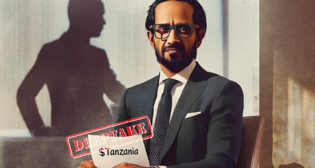 A serious-looking man in a dark suit and glasses sits in a well-lit office, holding a document labeled “Tanzania” with a bold red “DEEPFAKE” stamp. Behind him, a shadowy figure is projected on the wall, adding a sense of secrecy and intrigue. The image suggests themes of misinformation, financial fraud, and deepfake manipulation - The Coinomist