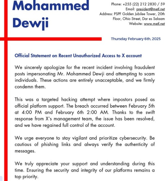 Dewji addressed the crypto community with this statement after regaining control of his account.
- The Coinomist