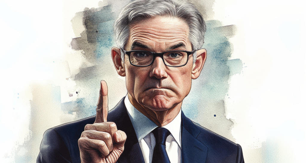 Watercolor-style illustration of a serious-looking man in a suit and glasses raising his index finger, symbolizing economic caution, interest rate policies, and financial decision-making - The Coinomist