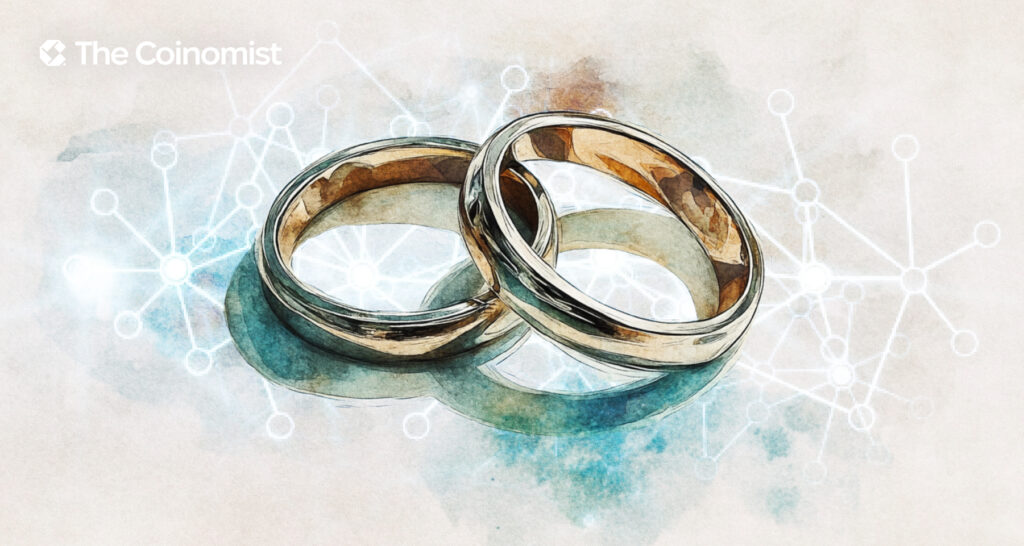 wedding rings on blockchain background - The Coinomist
