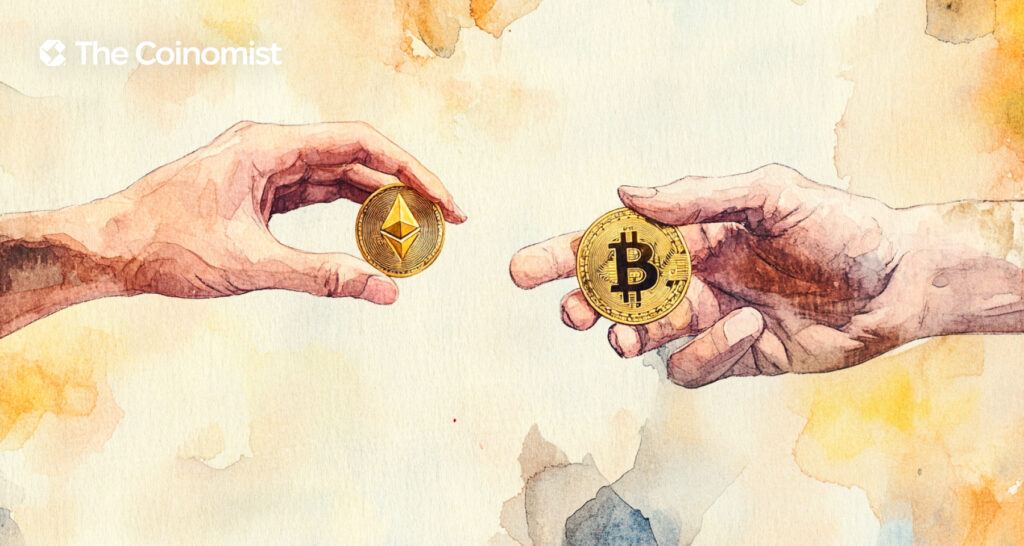 two hands. In one there is an ethereum coin, in the other - a bitcoin - The Coinomist