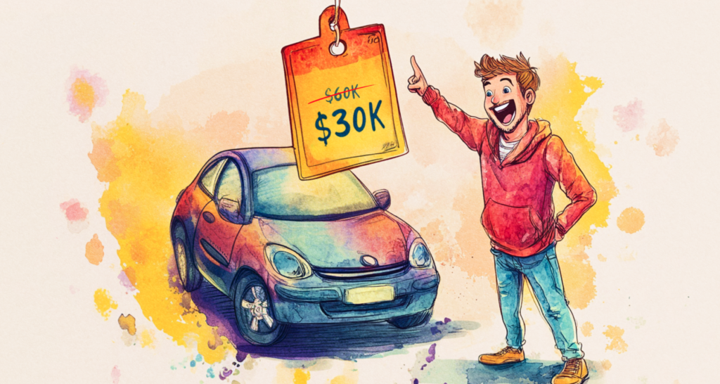 Excited young man pointing at a car with a slashed price tag, symbolizing decision-making in high-stakes trading environments - The Coinomist