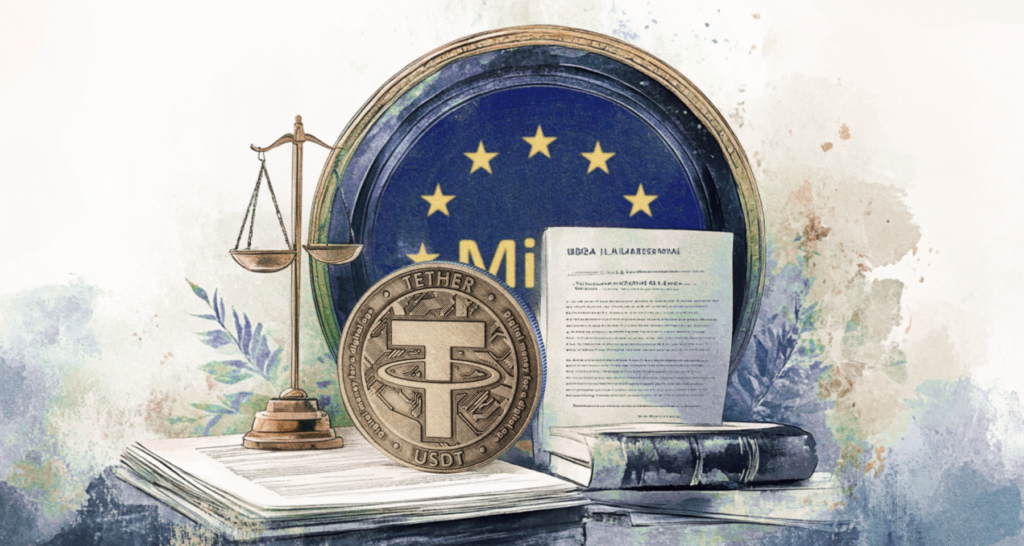 Tether coin displayed alongside a balanced scale and legislative documents, symbolizing stability and regulatory scrutiny - The Coinomist