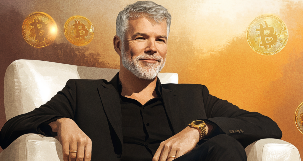 Michael Saylor in a black suit sits in a white chair, wearing a gold watch and a subtle smile. Behind him, floating Bitcoin coins glow against a golden-hued background, symbolizing wealth, cryptocurrency, and financial success - The Coinomist