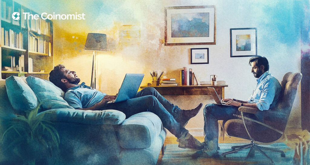 a guy with a laptop is lying on a psychotherapist's couch, a psychotherapist is sitting next to a notebook - The Coinomist