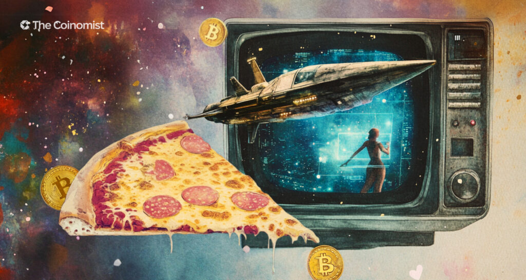pizza, a spaceship and a bitcoin coin - The Coinomist