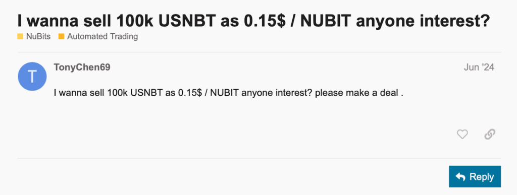 NuBits forum/screenshot
- The Coinomist