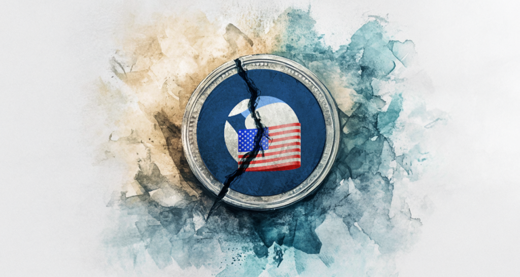 A cracked stablecoin coin with a faded American flag, symbolizing instability and turmoil in the cryptocurrency market - The Coinomist