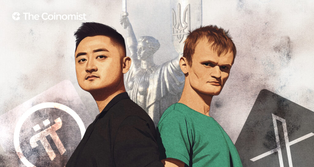 Cover featuring Ben Zhou and Vitalik Buterin, with X, Pi Network, and the Mother Ukraine statue in the background - The Coinomist