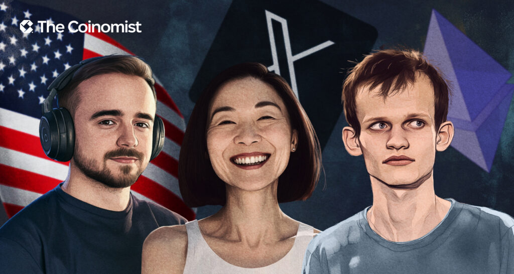 At the front: Balaji, Coffeezilla, Aya Miyaguchi, and Vitalik Buterin. In the background: Ethereum logo, X logo, US flag, and coins - The Coinomist