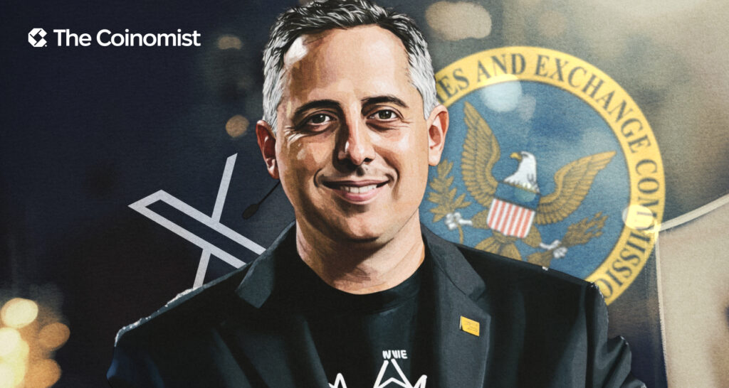 David Sacks (Crypto Czar) on the cover, with the SEC and X logos - The Coinomist