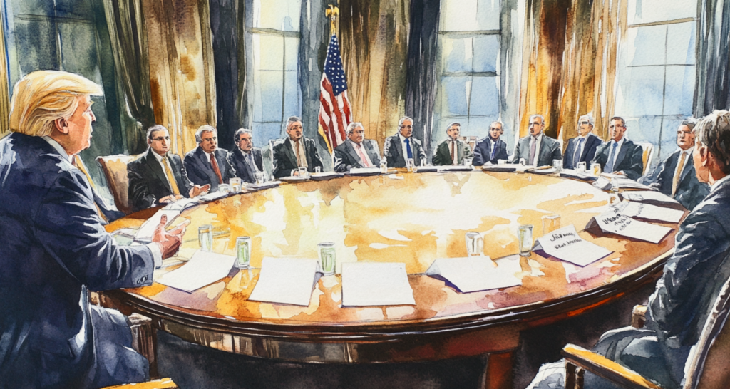 Trump with some BTC and blockchain elements in the background or a business conference with silhouetted figures - The Coinomist