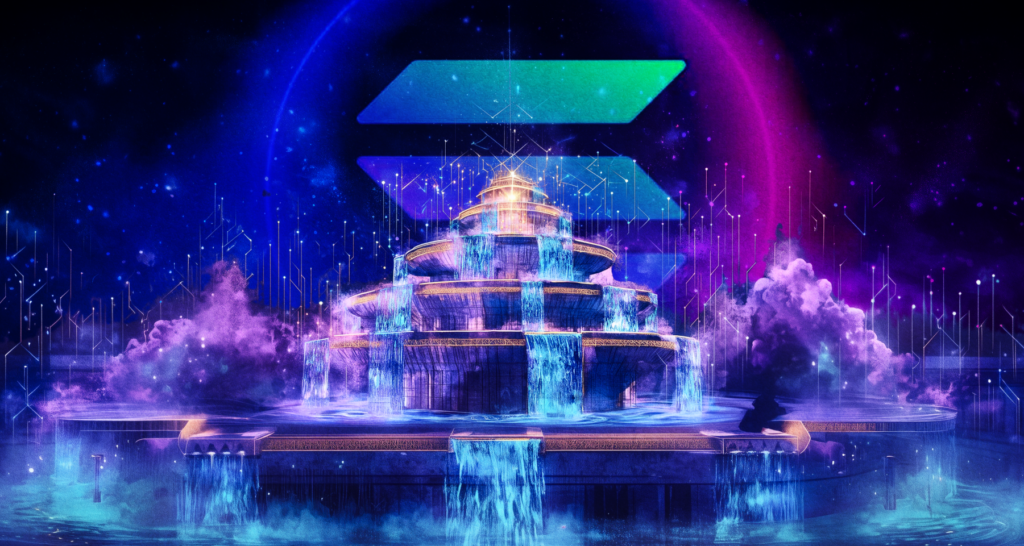 Futuristic digital waterfall with glowing neon lights and the Solana logo in the background - The Coinomist