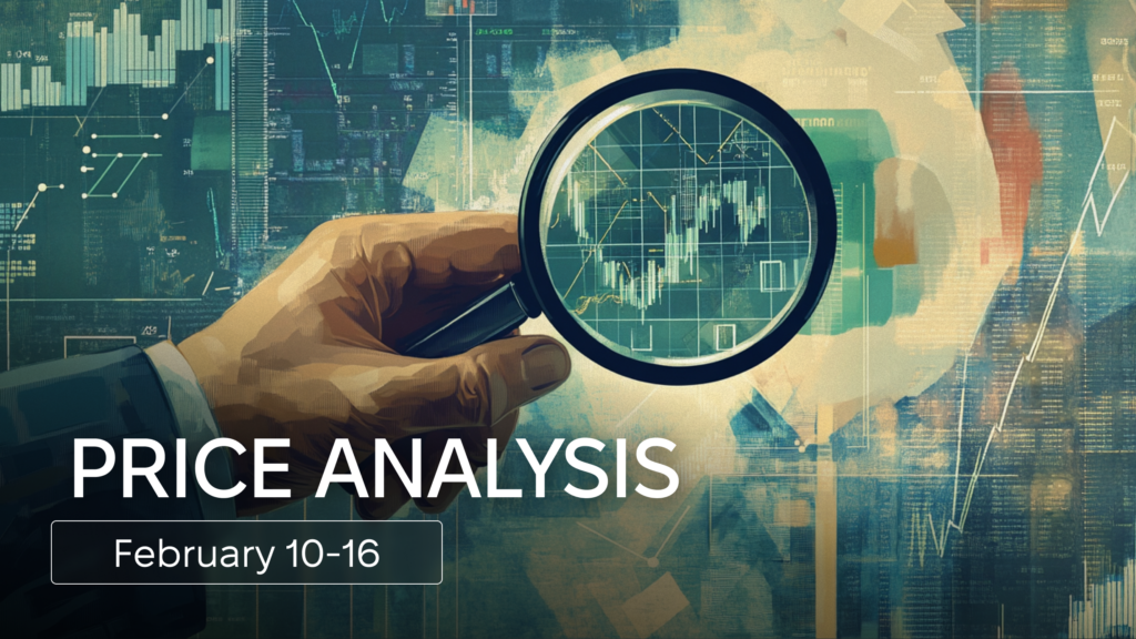 Cryptocurrency price analysis concept featuring a hand holding a magnifying glass over a digital trading chart with fluctuating market graphs, highlighting financial trends for February 10-16 - The Coinomist