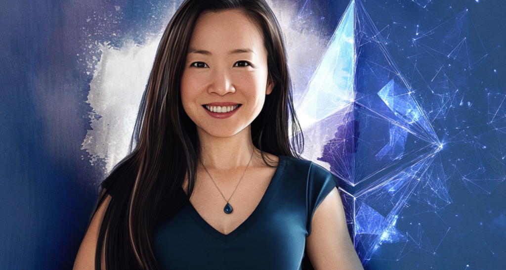 Portrait of a smiling Aya Miyaguchi against a digital Ethereum-themed background with abstract blockchain connections - The Coinomist