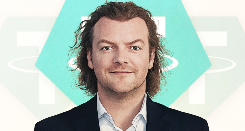 Portrait of Giancarlo Devasini, co-founder of Tether, with a confident smile, standing in front of Tether's green logo background, symbolizing his prominent role in the cryptocurrency industry - The Coinomist