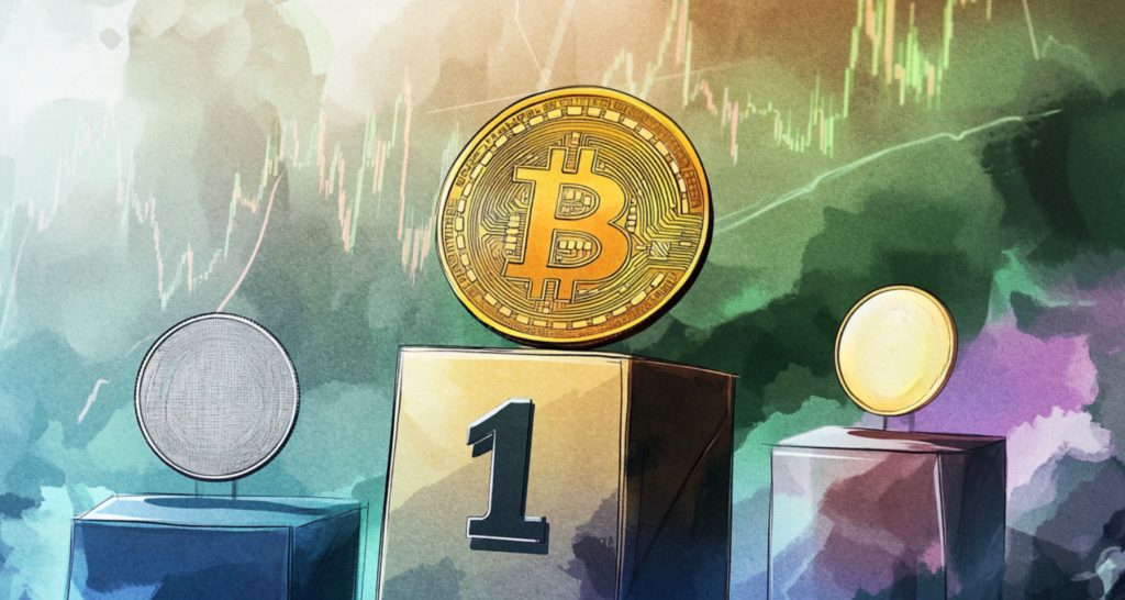 Illustration of Bitcoin on a podium in the first position, symbolizing its dominance in the cryptocurrency market, with other cryptocurrencies on adjacent podiums and a rising market chart in the background - The Coinomist