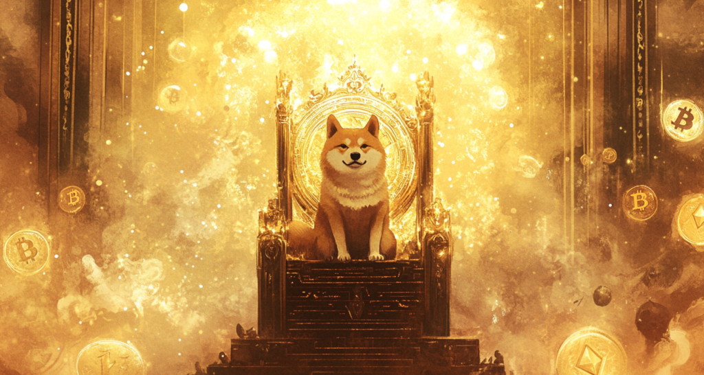 Fantasy-style illustration of a Shiba Inu dog sitting on a golden throne, surrounded by floating Bitcoin and cryptocurrency coins, symbolizing Dogecoin's rise and market influence - The Coinomist