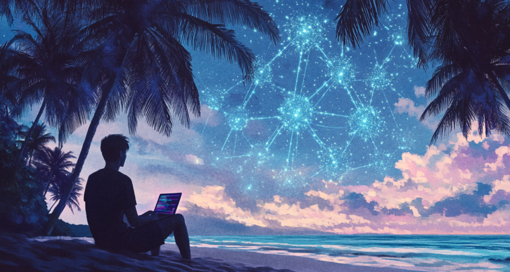 Palm trees, ocean and a guy with a laptop against the background of the blockchain network - The Coinomist