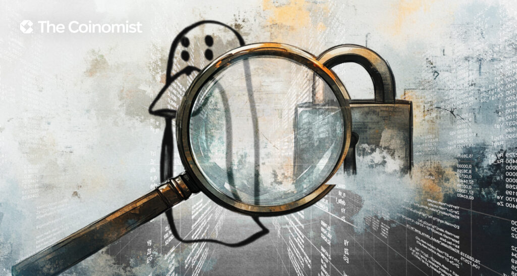 ZachXBT's logo (like the one you can see on his X page) and a magnifying glass with a list of addresses, and a broken lock on the background - The Coinomist