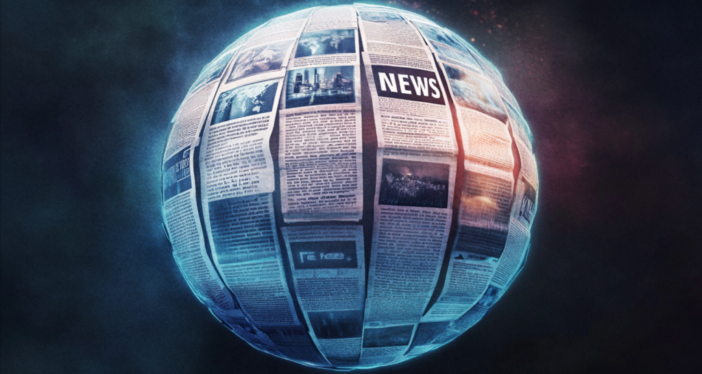 Globe wrapped in newspaper articles with a bold 'NEWS' headline, symbolizing worldwide journalism and media communication - The Coinomist