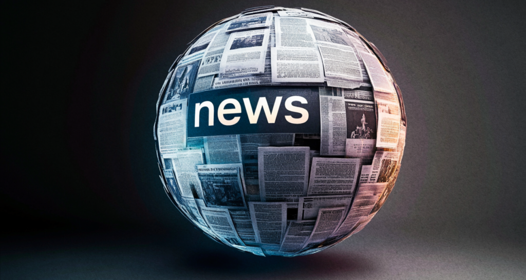 Globe covered in newspaper articles with the word 'news' prominently displayed, representing global news coverage and media updates - The Coinomist