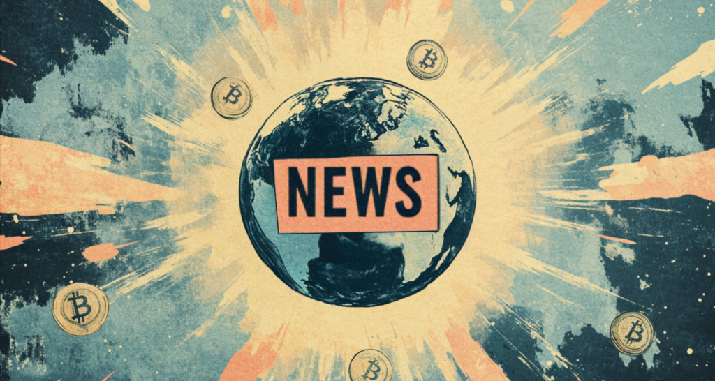 Illustration of a globe with the word 'News' and Bitcoin symbols floating around, signifying global cryptocurrency news - The Coinomist