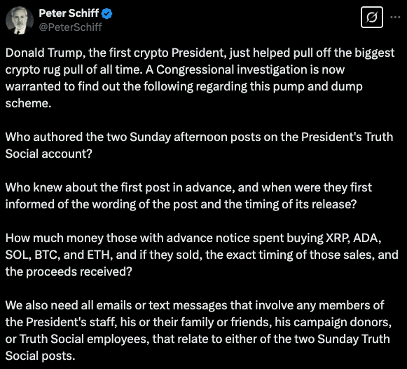 Peter Schiff’s tweet alleges Trump’s involvement in a crypto scam, calling for an investigation into Truth Social posts - The Coinomist