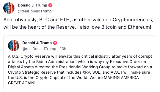 Screenshot of Donald Trump’s posts announcing a U.S. Crypto Reserve plan, highlighting BTC, ETH, XRP, SOL, and ADA as part of the reserve - The Coinomist