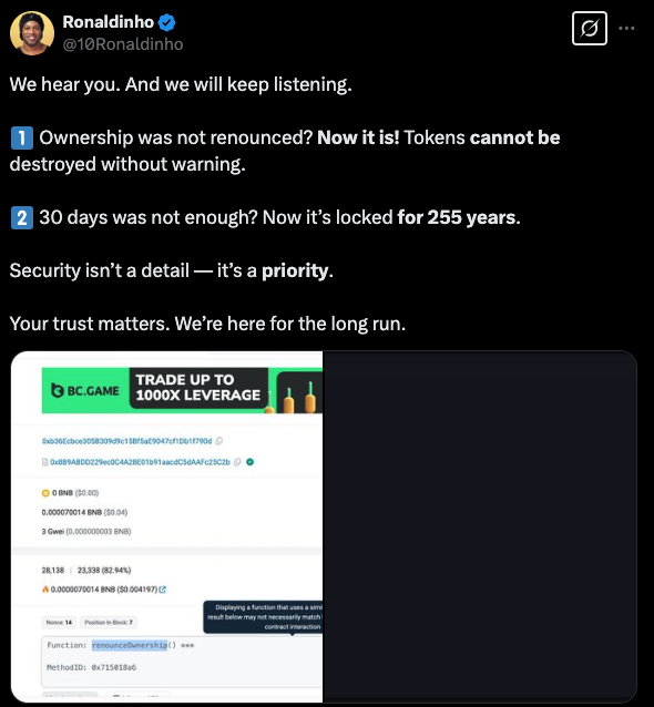 Tweet by Ronaldinho discussing the security of his STAR10 token featuring a screenshot of a blockchain transaction labeled "renounceOwnership" - The Coinomist