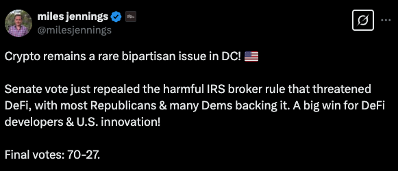Tweet from Miles Jennings (@milesjennings) announcing the Senate's repeal of the IRS DeFi broker rule - The Coinomist.