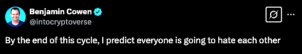 A tweet from Benjamin Cowen (@intocryptoverse) displayed on a dark Twitter background. - The Coinomist