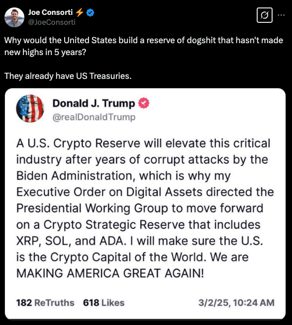 Screenshot of a tweet by Joe Consorti responding to a purported post from Donald J. Trump - The Coinomist