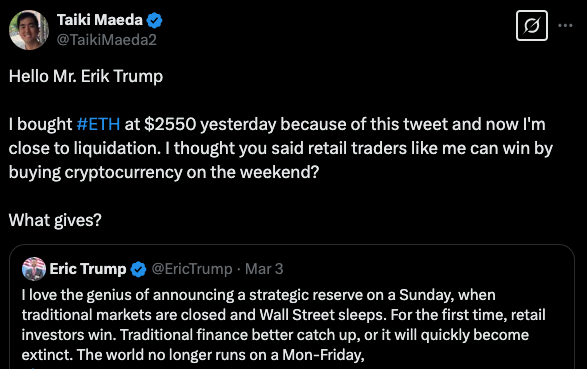 Taiki Maeda (@TaikiMaeda2) with an embedded tweet from Erik Trump - The Coinomist