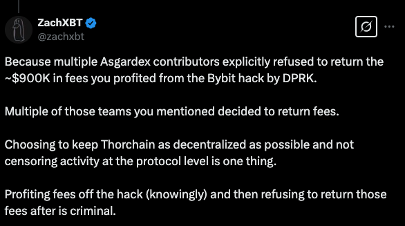 A tweet from @zachxbt accusing Asgardex of refusing to return $900K in fees earned from the Bybit hack by DPRK - The Coinomist