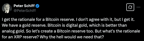 Screenshot of a tweet by Peter Schiff discussing the strategic crypto reserve. – The Coinomist.